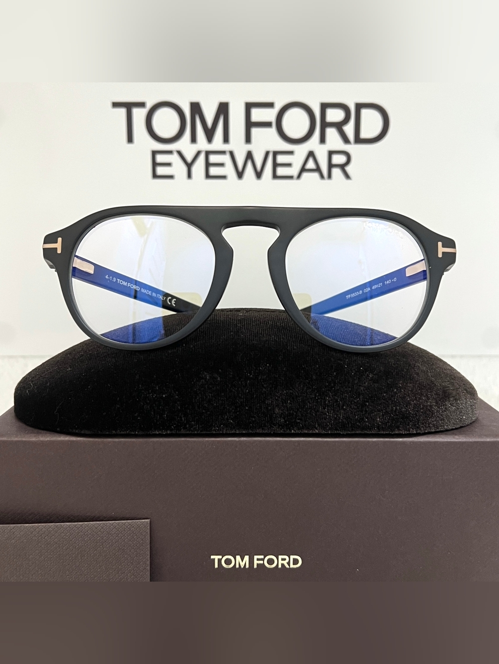 TOM FORD Eyewear Model TF5533-B in Matte Black & Gold with Leather Magnetic Clip